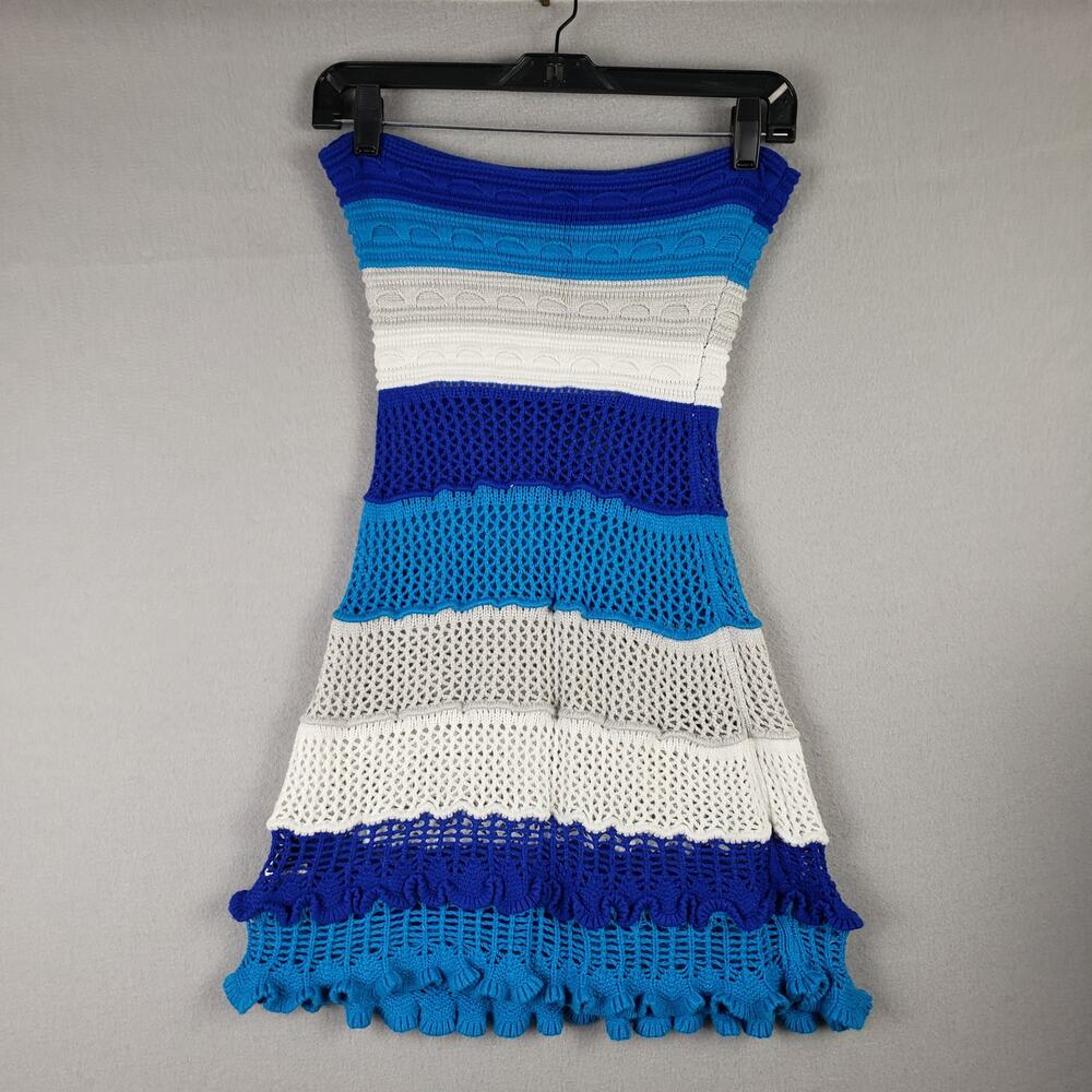 Shein Size S Strapless Crochet Knit Cover Up Sundress Blue Stripe Beach Vacation